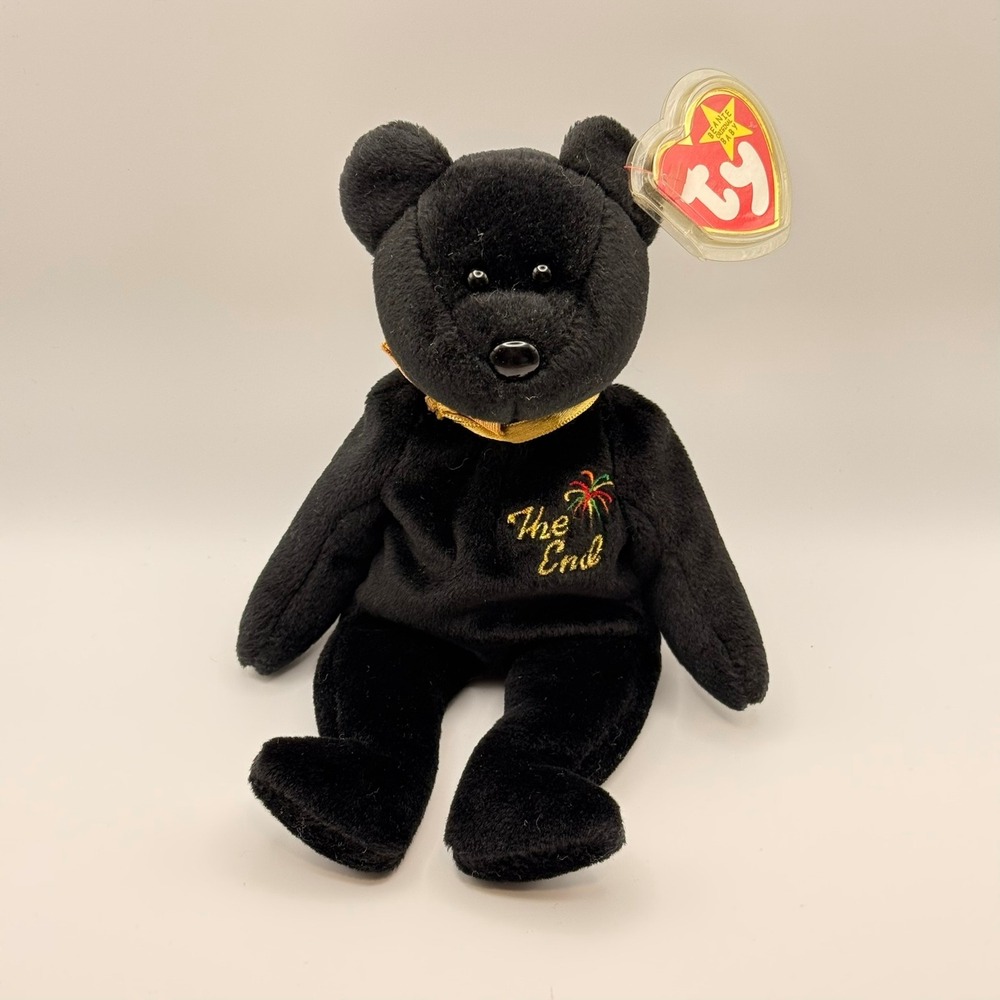 Ty Beanie Baby The End Black Bear 1999 Commemorative Plush Gold Ribbon Tag 8.5"